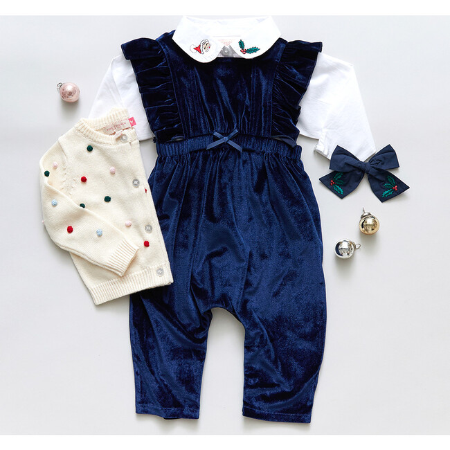 June Velour Jumpsuit With Ruffled Trim, Navy