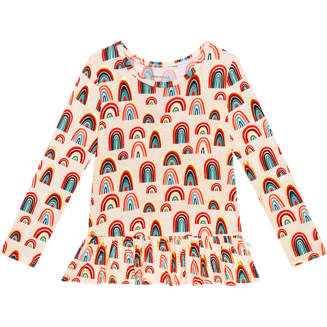 Skyla Long Sleeve Ruffled Loose Fit T-Shirt, Beige - T-Shirts - 1