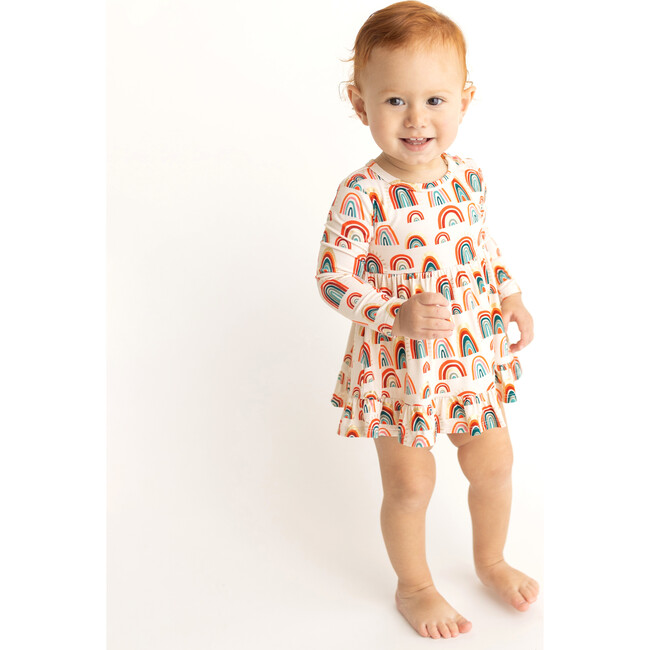 Skyla Long Sleeve Ruffled Bodysuit Dress, Beige - Onesies - 3