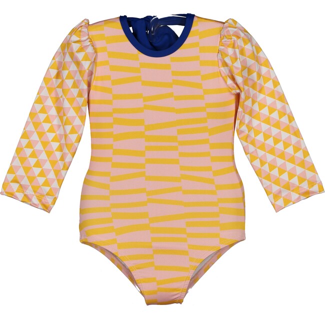 Funny Stripes Rash Guard One Piece Swimsuit, Pink Yellow White Blue