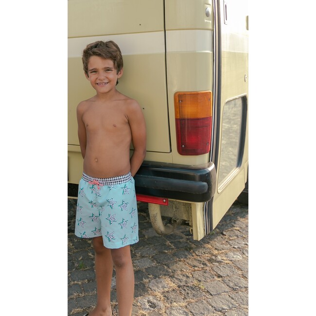 Stars Swim Shorts, Aqua Blue White Black - Swim Trunks - 6