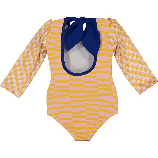 Funny Stripes Rash Guard One Piece Swimsuit, Pink Yellow White Blue