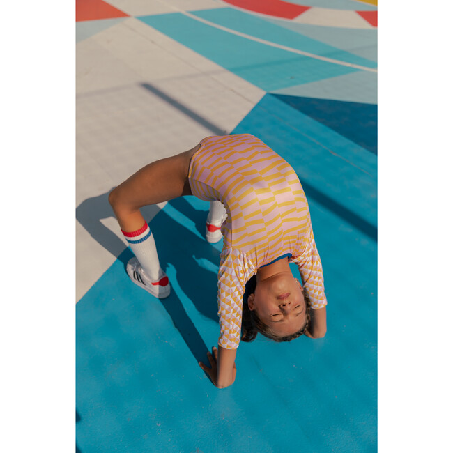 Funny Stripes Rash Guard One Piece Swimsuit, Pink Yellow White Blue - Rash Guards - 7