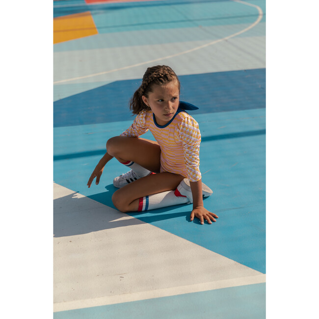 Funny Stripes Rash Guard One Piece Swimsuit, Pink Yellow White Blue - Rash Guards - 9