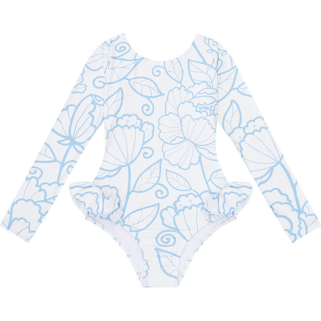 Bella Long Sleeve One-Piece Swimsuit, Blue Flower