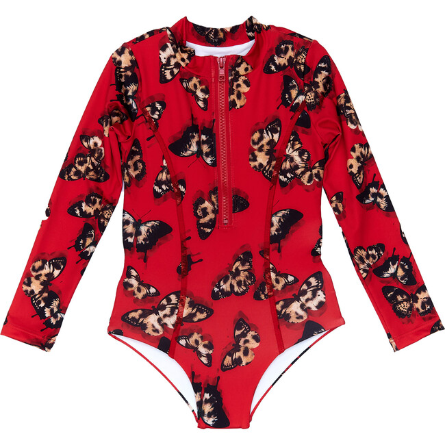 Scooba Doo Leo Butterfly Full Sleeve One-Piece Swimsuit, Red