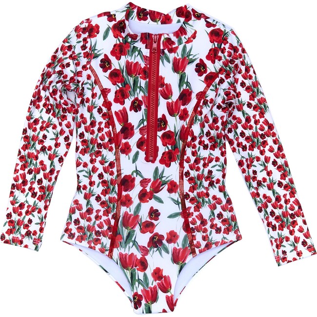 Scooba Doo Tulips Full Sleeve One-Piece Swimsuit, Red