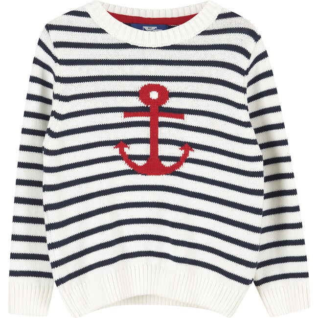 Stripy Anchor Sweater, Ecru and Navy Stripe - Sweaters - 1