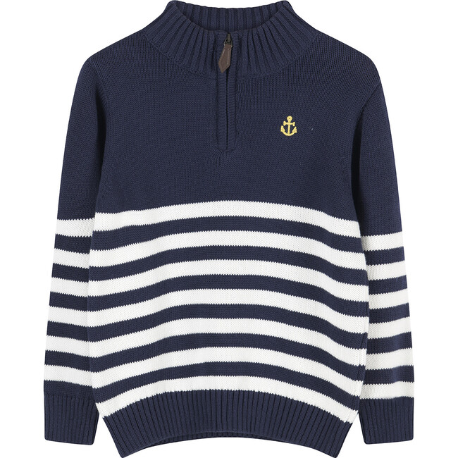 Noah Half Zip Sweater, Navy and Ecru Stripe - Sweaters - 1