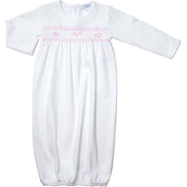Nella Long Sleeve Smocked Gown, White & Pink