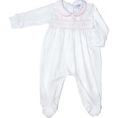 Nella Long Sleeve Smocked Footie, White & Pink