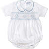 Nella Short Sleeve Smocked Bubble, White & Blue - Onesies - 1 - thumbnail