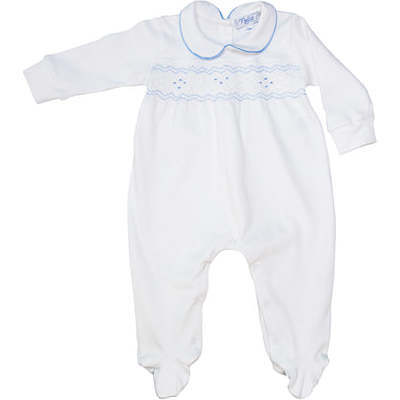 Nella Long Sleeve Smocked Footie, White & Blue