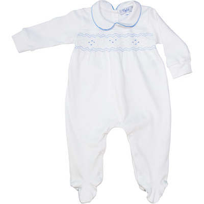 Nella Long Sleeve Smocked Footie, White & Blue - Footie Pajamas - 1