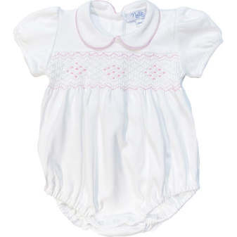 Nella Short Sleeve Smocked Bubble, White & Pink - Onesies - 1