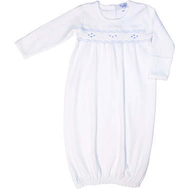 Nella Long Sleeve Smocked Gown, White & Blue
