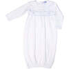 Nella Long Sleeve Smocked Gown, White & Blue - Nightgowns - 1 - thumbnail