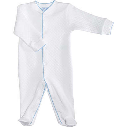 Basket Weave Baby Footie, White & Blue Picot Trim - Bodysuits - 1
