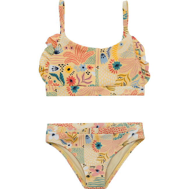 Ruffle Sleeve Bikini with Coral Print, Yellow
