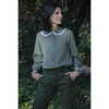 Women's Judith Oversize Collar Blouse With Ruffled Cuffs, Kaki Squares - Blouses - 2 - thumbnail