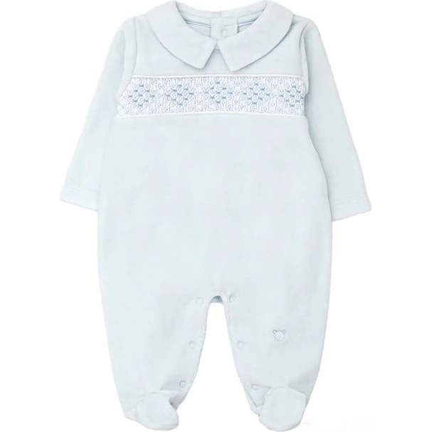 Knitted And Embroidered Collared Hand Smocked Velvet Playsuit, Blue - Onesies - 1