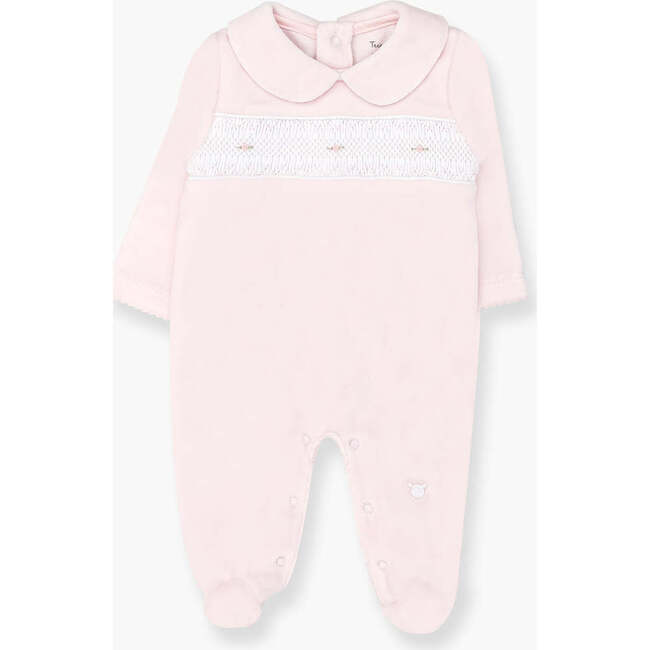 Knitted And Embroidered Collared Hand Smocked Velvet Playsuit, Pink - Onesies - 1