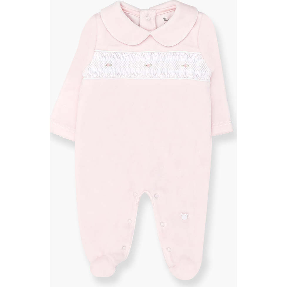 Hand Smocked Velvet Playsuit, Pink - Onesies - 1