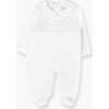 Knitted And Embroidered Collared Hand Smocked Velvet Playsuit, White - Onesies - 1 - thumbnail