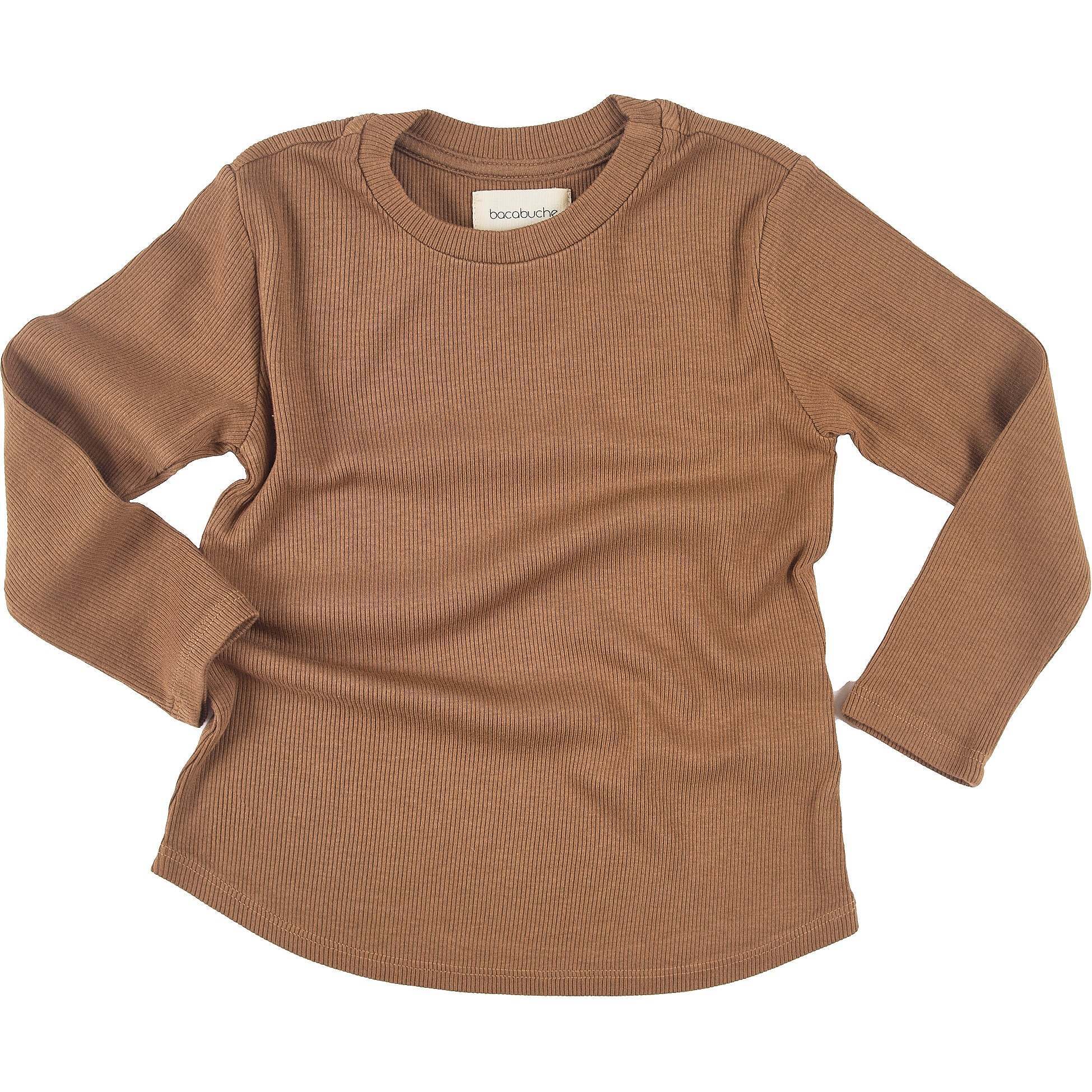 Rib Long Sleeve Top, Camel - T-Shirts - 1