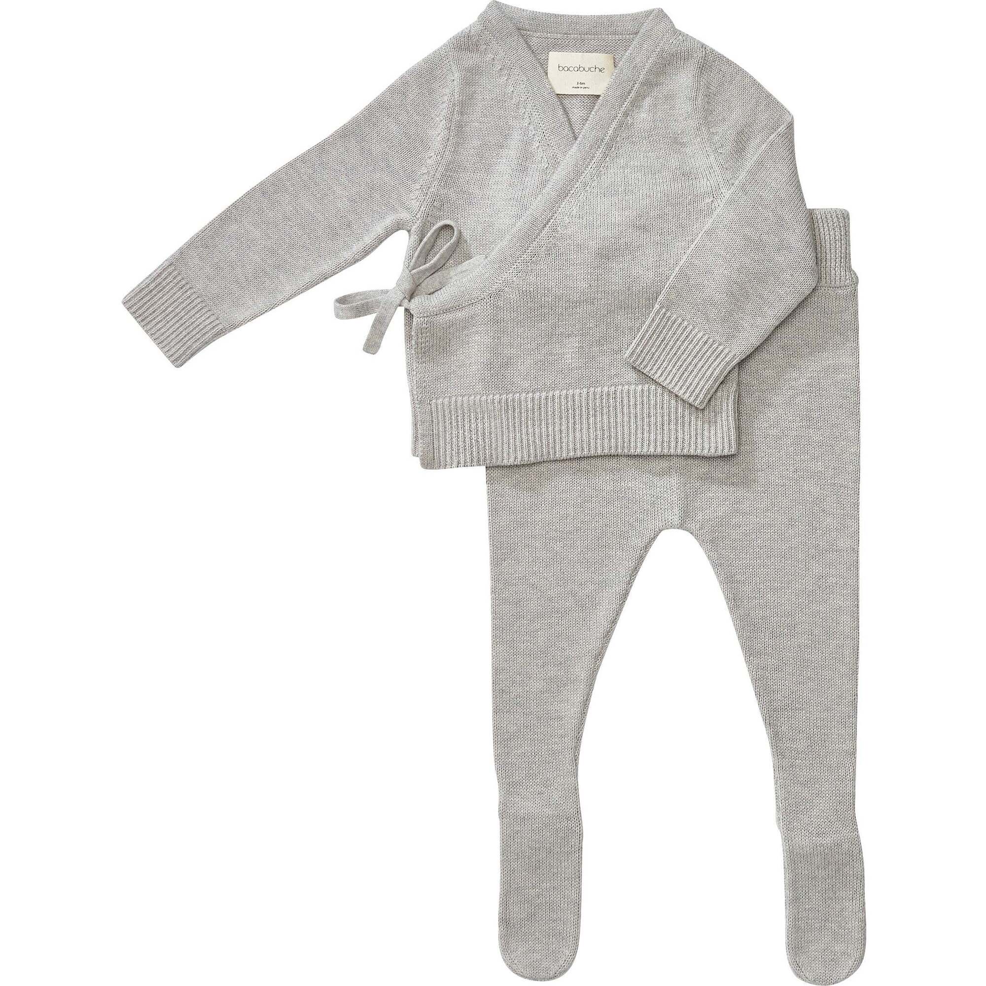 Knit Kimono Top & Footie Set, Heather Grey - Two Pieces - 1