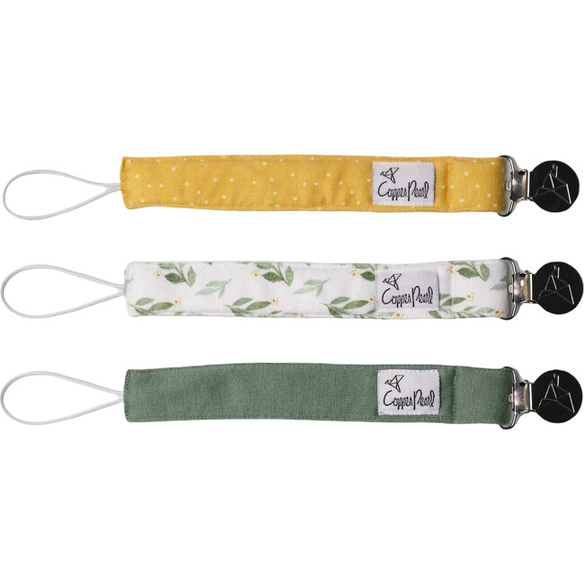 Fern Printed Binky Clips With Knit Strap, White and Green (Pack of 3) - Pacifiers - 1