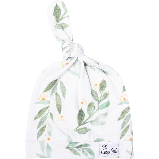 Fern Printed Top Knot Hat, White and Green