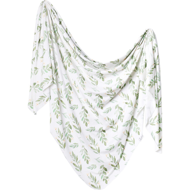 Fern Printed Knit Swaddle Blanket, White and Green