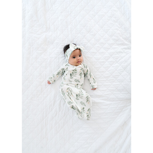 Fern Printed Knotted Gown, White and Green