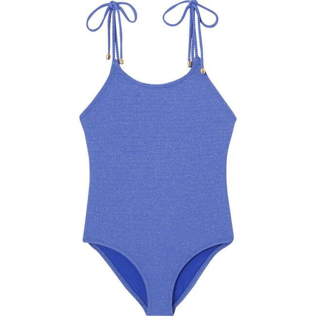 Bahamas One-Piece Lurex Swimsuit With Tie Straps, Porcelain Blue And Gold