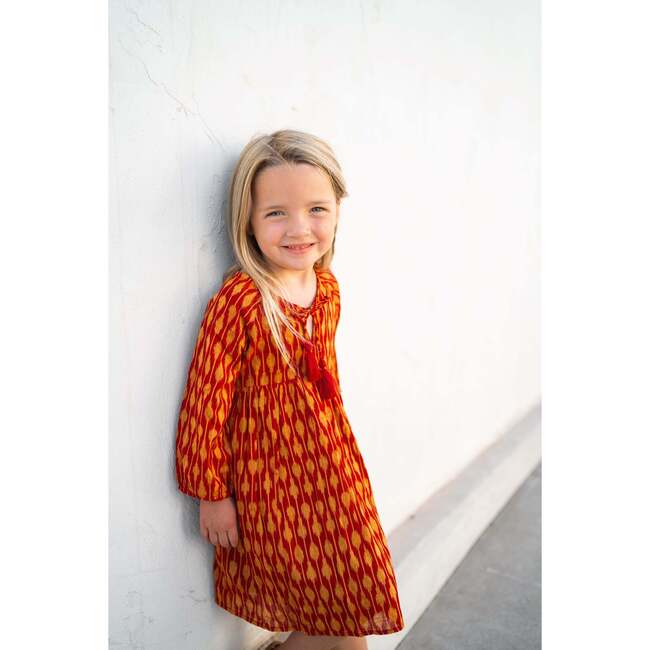 Sara Long Sleeve Popover Dress, Red Gold Ikat