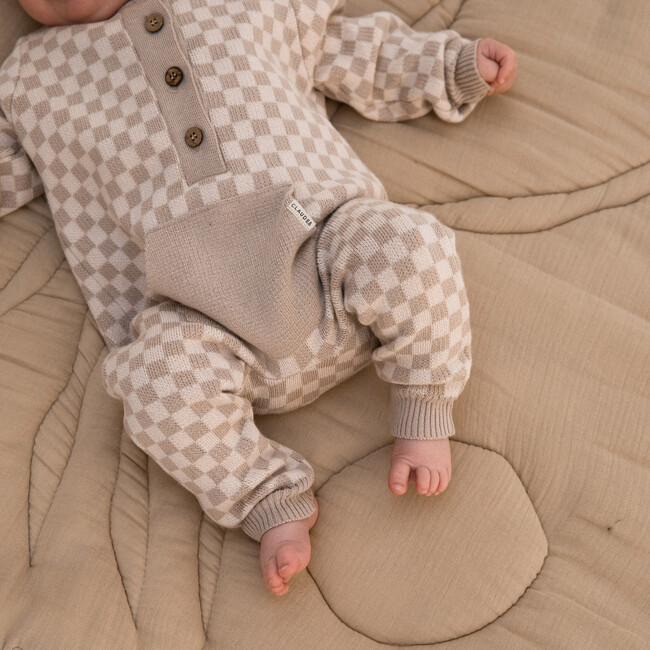 Check Full Sleeve Cotton Romper, Taupe