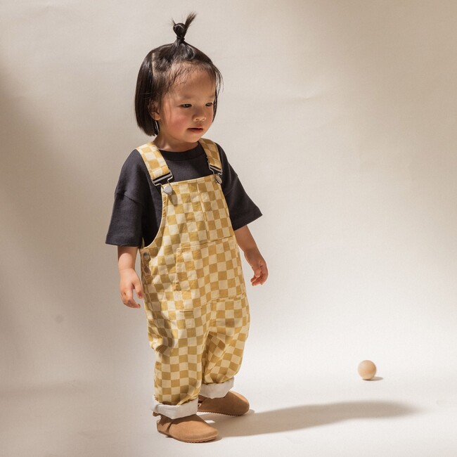 Checkerboard Straight Fit Cotton Dungaree, Ochre And Cream - Overalls - 3