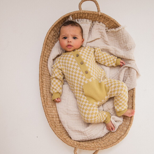 Check Full Sleeve Cotton Romper, Ochre