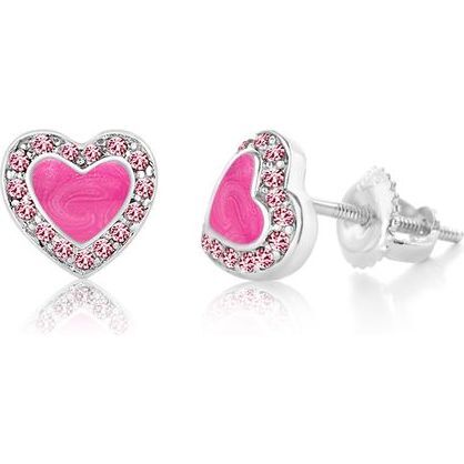 Heart Pink Enamel Crystal gilrs Screwback Earring