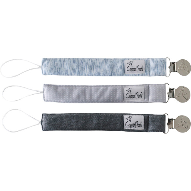 Lennon Binky Clips With Knit Strap, Blue and Grey (Pack of 3)