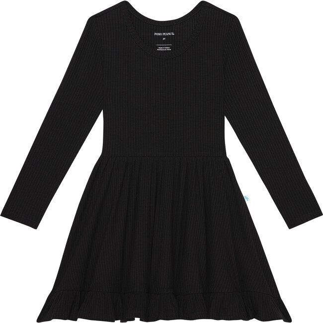 Solid Ribbed Long Sleeve Ruffled Twirl Dress, Black - Dresses - 1