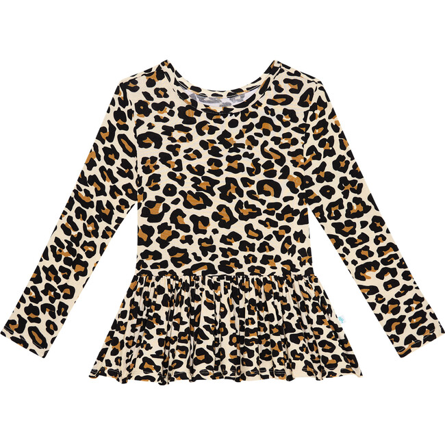 Lana Leopard Long Sleeve Basic Peplum Top, Beige