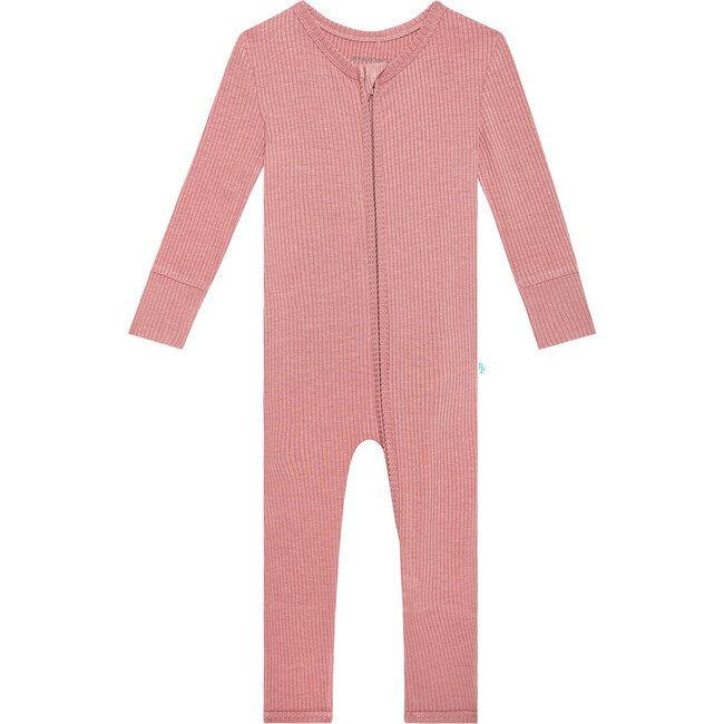 Solid Ribbed Ruffled One-Piece Zippered Footie, Dusty Rose - Footie Pajamas - 1