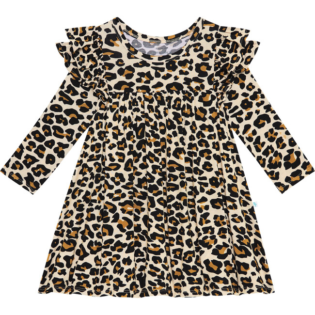 Lana Leopard Three-Fourth Sleeve Flutter Dress, Beige - Dresses - 1
