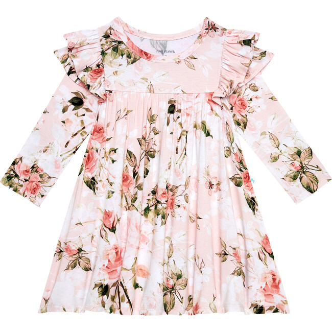 Vintage Three-Fourth Sleeves Flutter Dress, Pink Rose - Dresses - 1