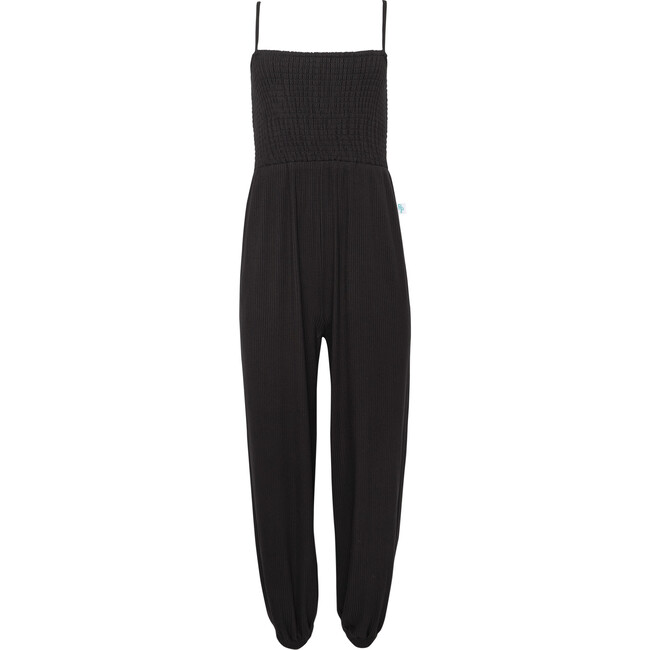 Women's Solid Ribbed Smocked Spaghetti Jumpsuit, Black
