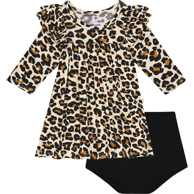 Lana Leopard Three-Fourth Sleeve Flutter Dress & Bloomer Set, Beige - Dresses - 1