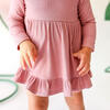Solid Ribbed Long Sleeve Ruffled Bodysuit Dress, Dusty Rose - Dresses - 2