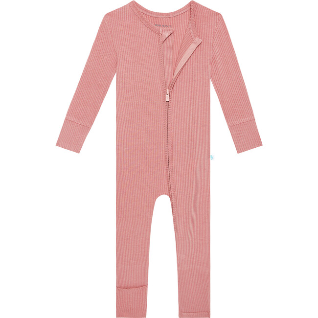 Solid Ribbed Ruffled One-Piece Zippered Footie, Dusty Rose